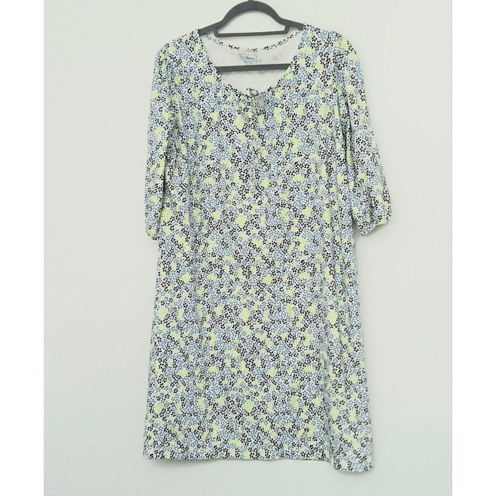 LL Bean Dress Women's Size L White Blue Green Floral Knee Length Ties At Neck